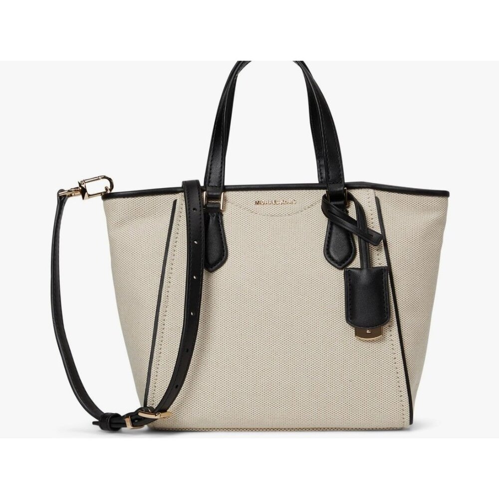 MICHAEL KORS Taryn canvas small tote crossbody bag- Natural/ Black
